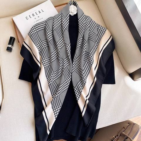 Grande Sciarpa Quadrata Con Motivo Pied De Poule Elegante Scialle Di Raso Per Donna Moda Protezione Solare Decorativo