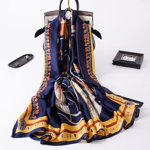 Sciarpa Lunga In Raso Simil Raso Con Stampa Catena Carrozza Vintage Scialle Elegante Protezione Solare Telo Mare Per Donna Retro Wrap