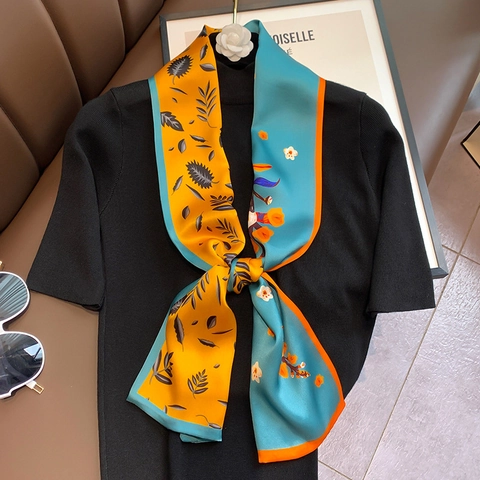 Mulberry Silk Skinny Scarf Women Floral Horse Print Twilly Decorative Neck Tie Fashion Hair Band Accessory Lightweight Head Scarf