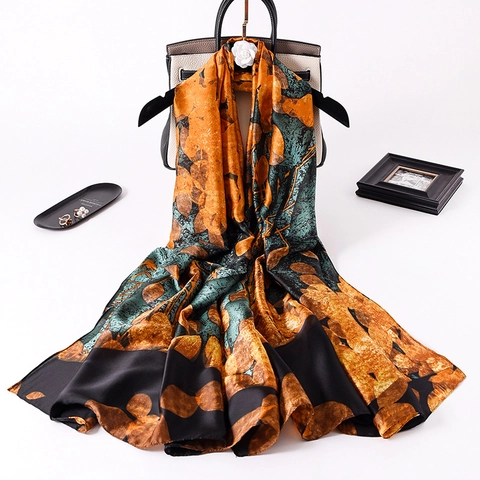 Retro Print Long Scarf Women Imitation Satin Shawl Artistic Leaf Pattern Sunshade Beach Elegant Wrap