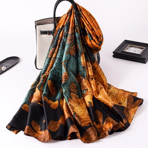 Retro Print Long Scarf Women Imitation Satin Shawl Artistic Leaf Pattern Sunshade Beach Elegant Wrap
