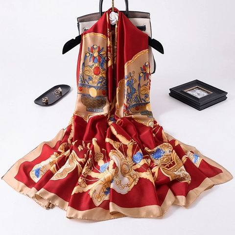 Damen Barock Blumendruck Satin Schal Groß Leicht Retro Palast Stil Sonnenschutz Tuch Mode Wrap Elegantes Accessoire