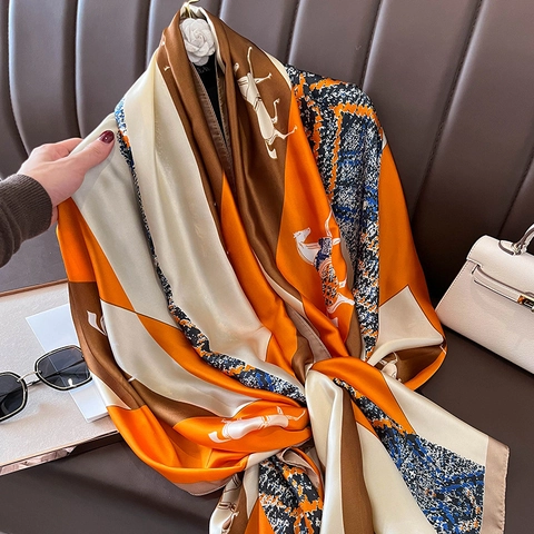 Elegante Sciarpa Grande Da Donna Protezione Solare Imitazione Raso Scialle Stampa Equestre Cavallo Geometrico Avvolge Lungo Accessori Moda