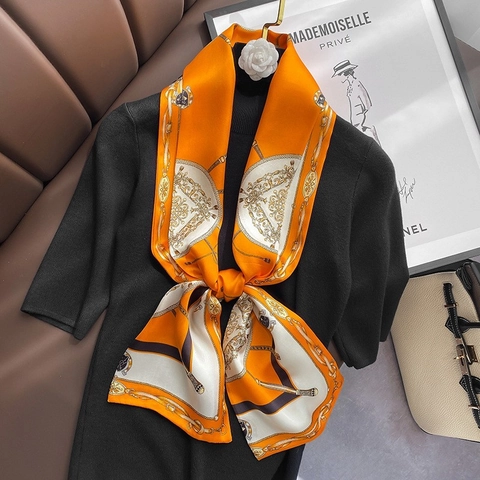 Mulberry Silk Skinny Scarf Women Floral Horse Print Twilly Decorative Neck Tie Fashion Hair Band Accessory Lightweight Head Scarf