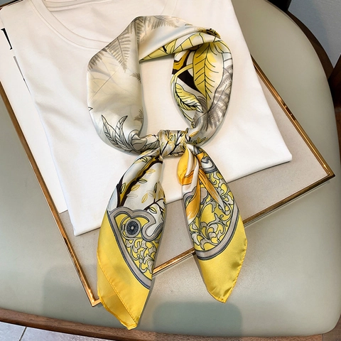 Sciarpa Quadrata Raso Simil Raso Poliestere Stampa Floreale Foglia Tropicale Avvolgente Collo Testa Accessorio Moda Elegante Per Donna