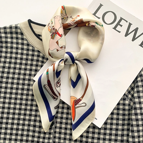 Square Scarf Mulberry Satin Equestrian Polo Print Satin Elegant Vintage Hair Band Wrap For Women