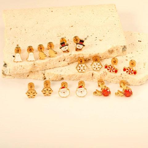 Christmas Stainless Steel Stud Earrings Gold Plated Enamel Santa Claus Snowman Snowflake Reindeer Xmas Tree Candy Cane Screw Back Earrings For Women Jewelry