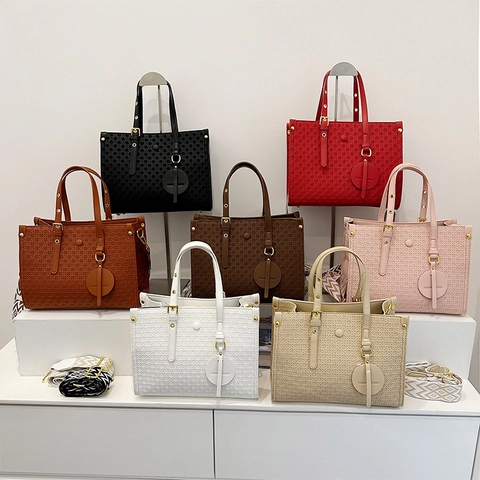 Damen Vintage Kunstleder Tote Tasche Große Kapazität Gewebte Textur Handtasche Mit Dekorativen Geometrischen Breiten Schultergurt