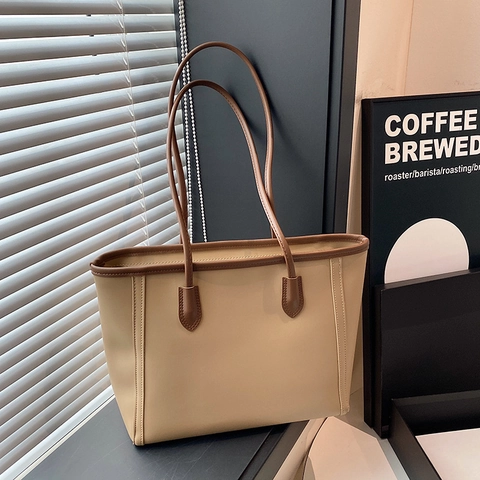 Minimalist Women PU Leather Tote Bag Large Capacity Solid Color Shoulder Underarm Handbag For Commuting Office Daily Carrying