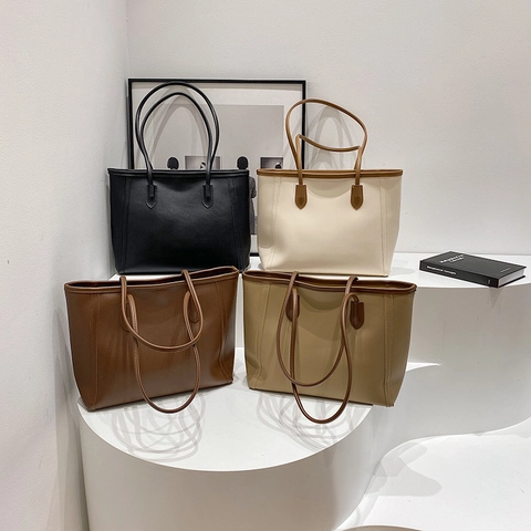 Minimalist Women PU Leather Tote Bag Large Capacity Solid Color Shoulder Underarm Handbag For Commuting Office Daily Carrying