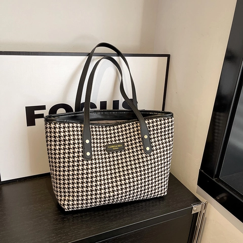 Vintage Hahnentritt Einkaufstasche Für Damen Große Kapazität Schultertasche Mit PU Ledergriff Pendler Handtasche Für Arbeit