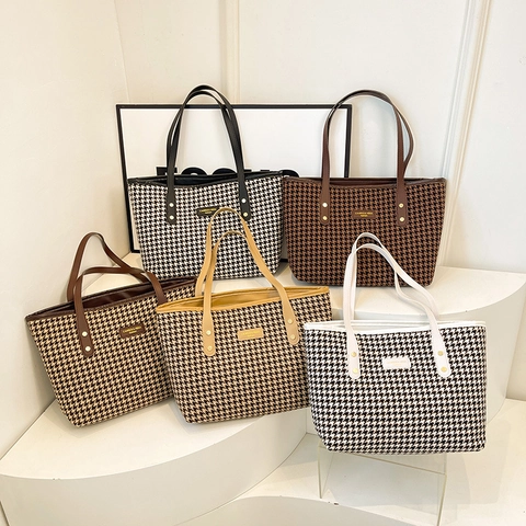 Vintage Hahnentritt Einkaufstasche Für Damen Große Kapazität Schultertasche Mit PU Ledergriff Pendler Handtasche Für Arbeit