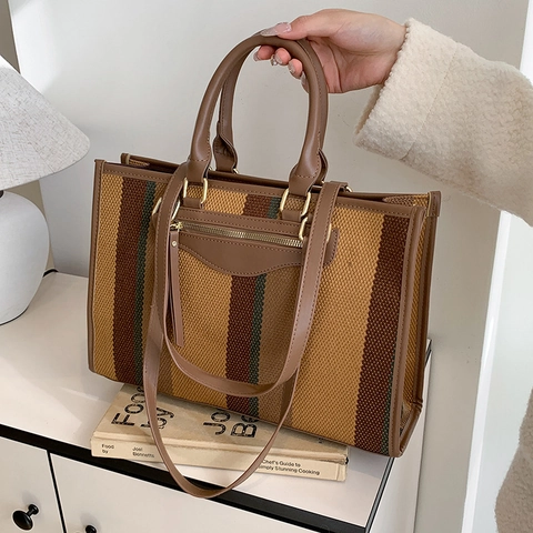 Striped Canvas Tote Bag Large Capacity Retro Contrast Color Handbag With Long Strap Casual Commuter For Women