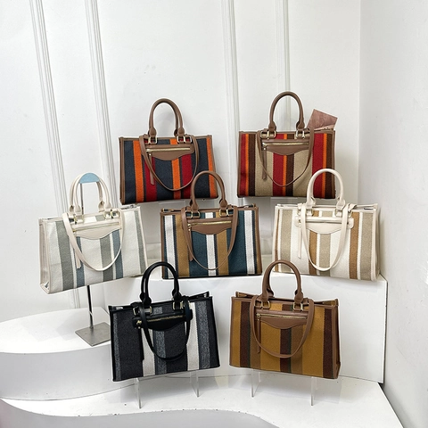 Striped Canvas Tote Bag Large Capacity Retro Contrast Color Handbag With Long Strap Casual Commuter For Women