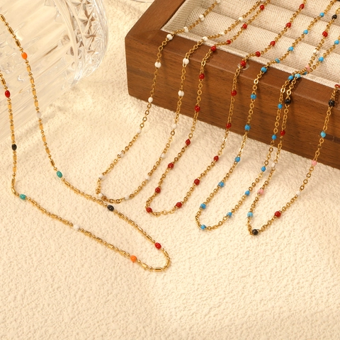 Beaded Necklace Stainless Steel Gold Plated Colorful Enamel Beads Choker Chain Boho Minimalist Fashion Jewelry For Women