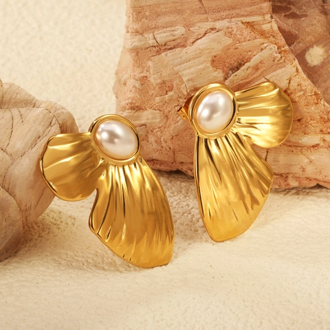 Orecchini Geometrici Vintage Acciaio Inossidabile Placcato Oro 18K Perla Artificial Turchese Sintetico Stile Retrò Per Donna