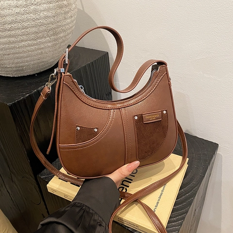 Bolso de Hombro Vintage de Cuero PU para Mujer Bolso Bandolera de Moda Con Correa Ajustable y Remaches Metálicos
