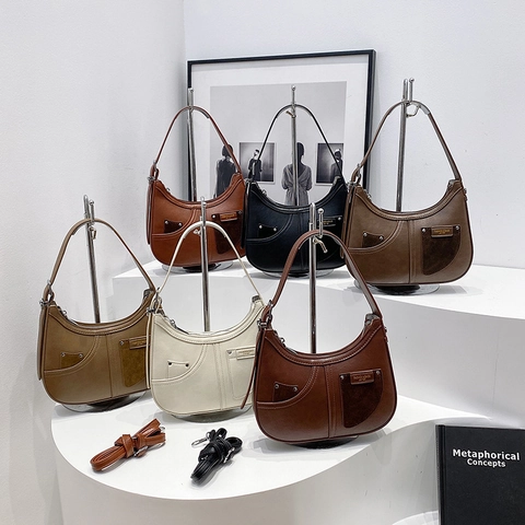 Bolso de Hombro Vintage de Cuero PU para Mujer Bolso Bandolera de Moda Con Correa Ajustable y Remaches Metálicos