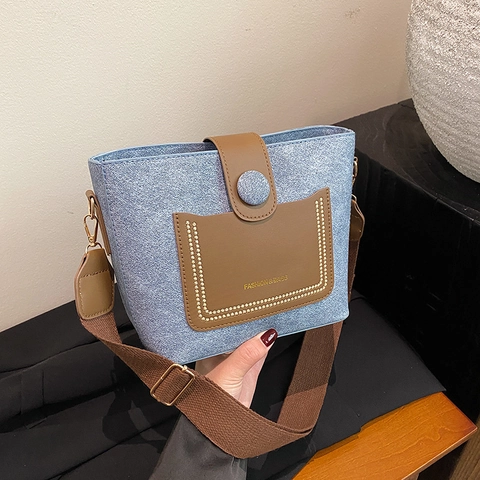 Borsa a Secchiello Vintage da Donna Tracolla Coreana a Contrasto Colore Con Cinturino Largo in Pelle PU Piccola Borsa a Spalla