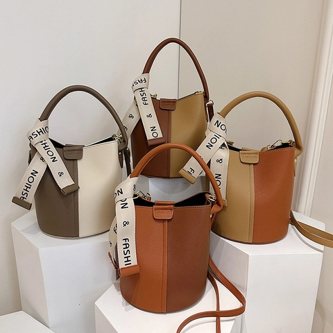 Women Contrast Color PU Leather Bucket Bag Lychee Grain Crossbody Bag Large Capacity Handbag With Scarf Decoration Vintage Style
