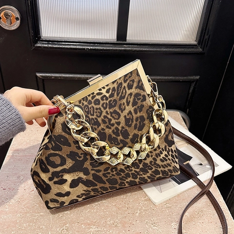 Vintage Luipaardprint Schelp Tas Voor Dames Retro Clip Sluiting Crossbody Handtas Met Gouden Ketting Handvat PU Leer