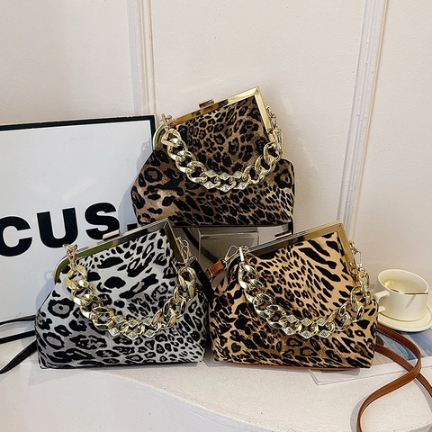 Vintage Luipaardprint Schelp Tas Voor Dames Retro Clip Sluiting Crossbody Handtas Met Gouden Ketting Handvat PU Leer