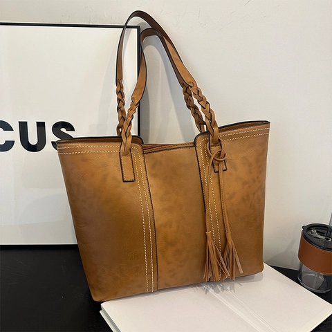 Vintage Τσαντα Tote Μεγαλης Χωρητικοτητας Για Γυναικες PU Δερμα Με Πλεκτη Λαβη Φουντα Αντιθεση Ραφες Ρετρο Τσαντα Ωμου