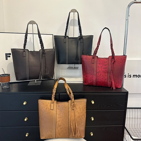 Vintage Τσαντα Tote Μεγαλης Χωρητικοτητας Για Γυναικες PU Δερμα Με Πλεκτη Λαβη Φουντα Αντιθεση Ραφες Ρετρο Τσαντα Ωμου