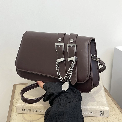 Vintage Baguette Umhängetasche Für Damen PU Leder Minimalistische Schultertasche Mit Doppelten Gürtelschnallen Silberkette