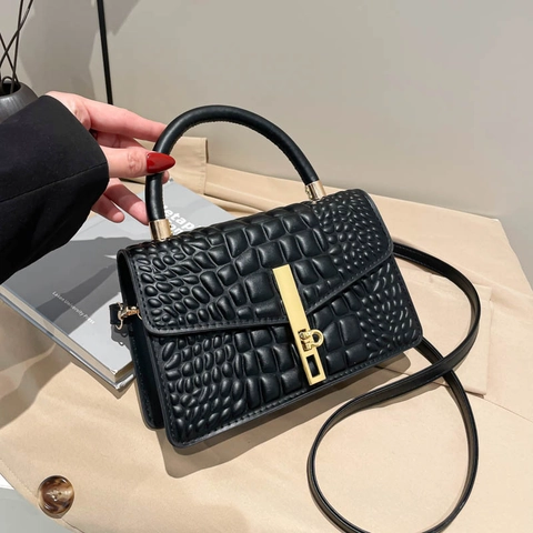 Women Crossbody Handbag PU Leather Crocodile Pattern Gold Lock Top Handle Adjustable Strap Fashion Small Square Bag