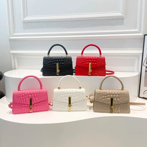 Women Crossbody Handbag PU Leather Crocodile Pattern Gold Lock Top Handle Adjustable Strap Fashion Small Square Bag