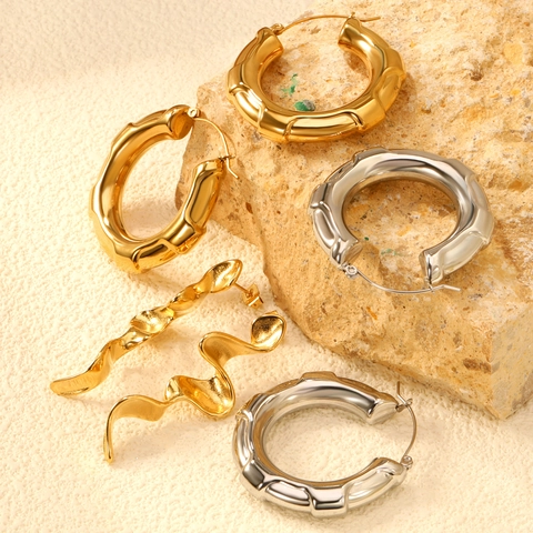 Orecchini In Acciaio Inossidabile Per Donna Placcati In Oro Argento Borchie Ondulate Irregolari E Cerchi Con Texture Di Bambù Gioielli