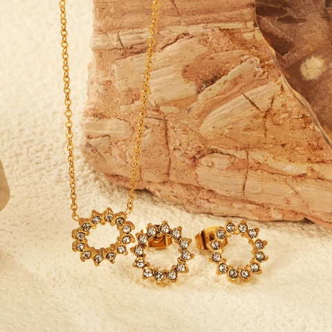 Collana E Orecchini In Acciaio Inossidabile Con Zirconia Girasole Rotondo Cavo Gioielli Eleganti Per Donna Dorato