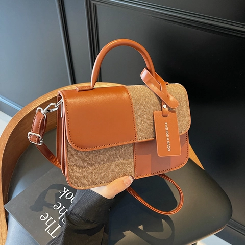 Bolso Bandolera Para Mujer Bloque De Color Cuero PU Tweed Patchwork Bolso De Hombro Pequeño Cuadrado Con Asa