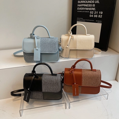 Bolso Bandolera Para Mujer Bloque De Color Cuero PU Tweed Patchwork Bolso De Hombro Pequeño Cuadrado Con Asa