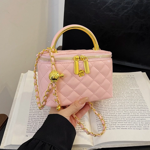 Damen Umhängetasche Mini Vanity Case Gestepptes PU Leder Rautenmuster Metallgriff Kettengurt Elegant Modische Handtasche