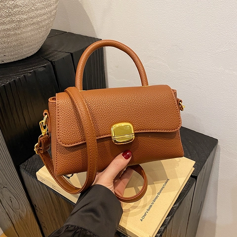 Women Lychee Texture PU Leather Handbag Vintage Square Crossbody Bag Metal Buckle Top Handle Adjustable Strap Shoulder Bag