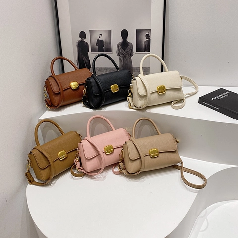 Women Lychee Texture PU Leather Handbag Vintage Square Crossbody Bag Metal Buckle Top Handle Adjustable Strap Shoulder Bag