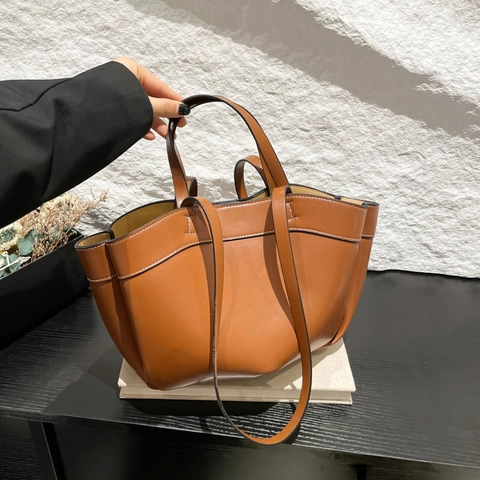 Borsa Tote da Donna in Pelle PU di Grande Capacità Con Borsa Secondaria Cuciture a Contrasto Bordo Ondulato Borsa a Tracolla