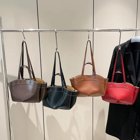 Borsa Tote da Donna in Pelle PU di Grande Capacità Con Borsa Secondaria Cuciture a Contrasto Bordo Ondulato Borsa a Tracolla