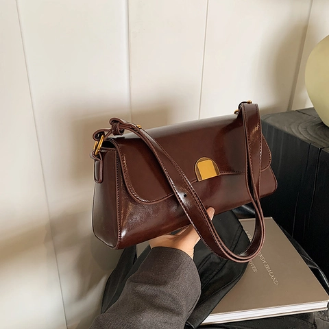Retro Glossy PU Leather Baguette Underarm Bag For Women Metallic Buckle Adjustable Strap Shoulder Crossbody Square Bag