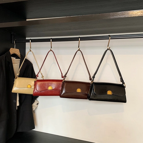 Retro Glossy PU Leather Baguette Underarm Bag For Women Metallic Buckle Adjustable Strap Shoulder Crossbody Square Bag