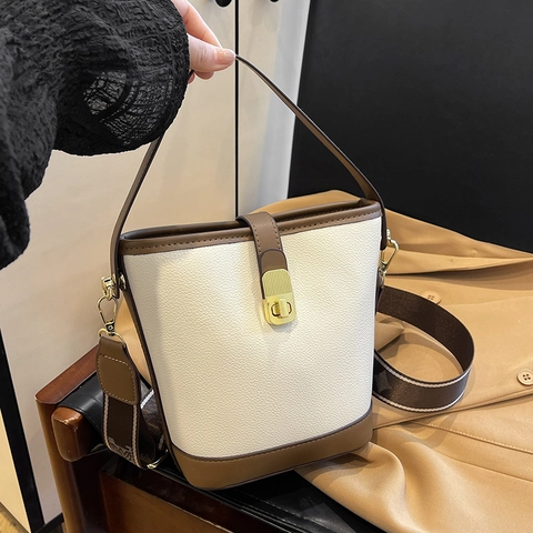 Borsa a Secchiello Vintage da Donna in Pelle PU con Design Bicolore Chiusura a Scatto Sicura e Tracolla Larga