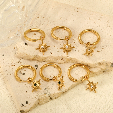 Gold Plated Stainless Steel Hoop Earrings With Starburst Pendant Zircon Faux Artificial Pearl Vintage Bohemian Jewelry For Women