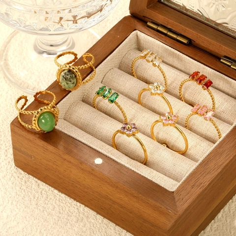 Vintage Open Ring Van Verguld Roestvrij Staal Met Zirkoon Verstelbaar Geometrisch Bloem Sieraden Voor Vrouwen
