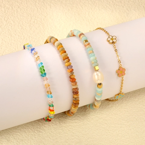Bracciale In Acciaio Inossidabile Placcato Oro Pietra Naturale Perla Artificial Cristallo Fiore Smaltato Gioielli Boho Donna