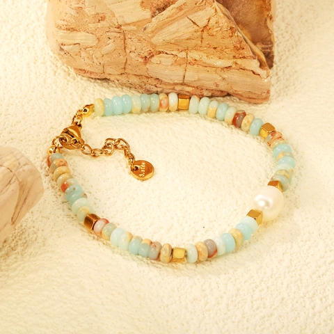 Bracciale In Acciaio Inossidabile Placcato Oro Pietra Naturale Perla Artificial Cristallo Fiore Smaltato Gioielli Boho Donna
