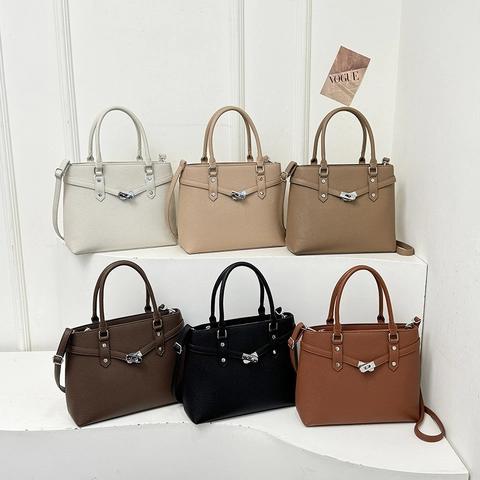 Women PU Leather Lychee Pattern Tote Bag Large Capacity Handbag Crossbody Bag With Silver Lock Rivets Elegant Commute