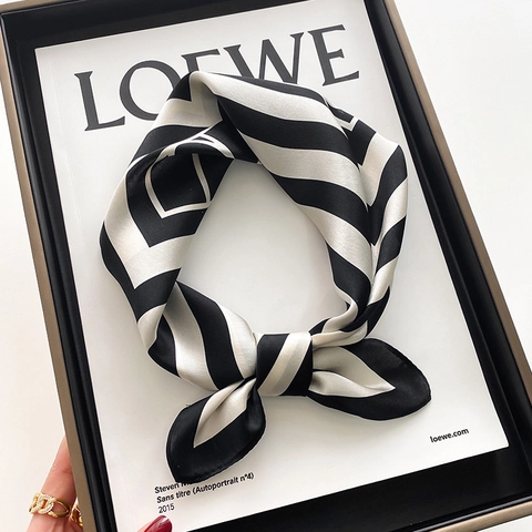 Elegant Square Scarf Mulberry Satin Geometric Stripe Pattern Fashion Necktie For Women Office Career Style Smooth