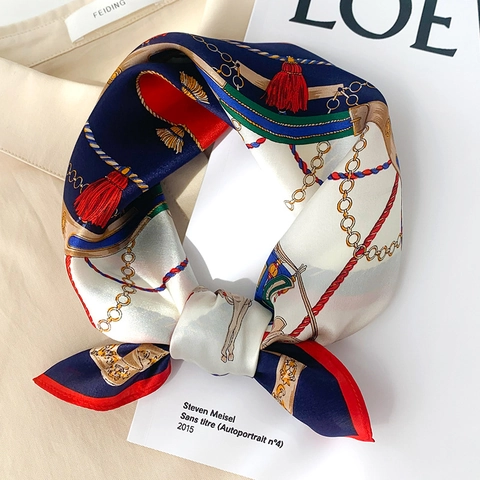 Women Mulberry Satin Square Scarf Equestrian Chain Print Fashion Neckerchief Hair Band Elegant Head Scarf Satin Wrap